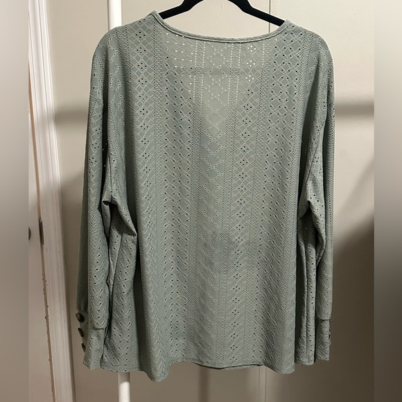 SHEIN Curve Women’s Sage Green Eyelet Pattern Longsleeve V Neck Blouse Size 1XL - Picture 4 of 6